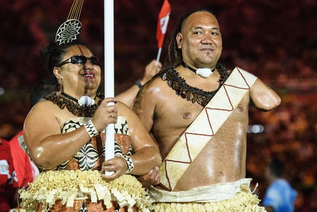 Tonga's Ana Talakai and Sione Manu during the Rio Paralympic Games Opening Ceremony