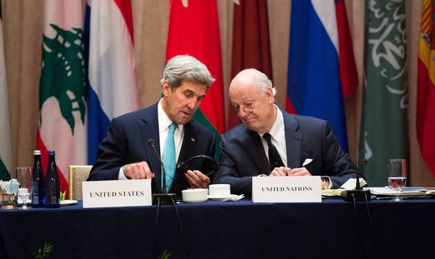 U.S. Secretary of State John Kerry left speaks with United Nations envoy to Syria Staffan de Mistura during the International Syria Support Group meeting Tuesday Sept. 20 2016 in New York