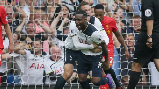 Tottenham's Danny Rose celebrates with his teammate Vincent Janssen after scoring a goal