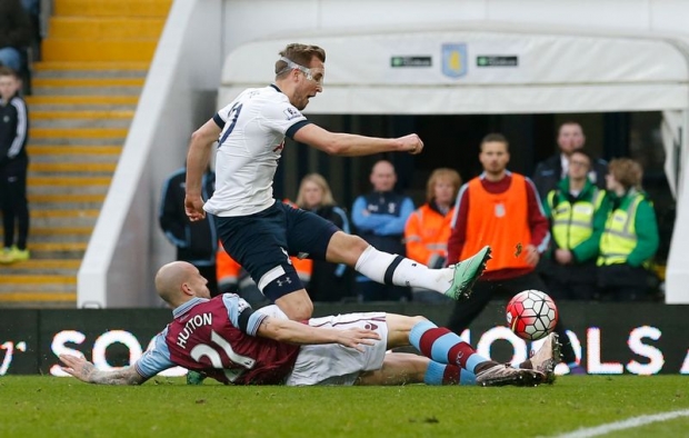 Tottenham's Harry Kane scores against Aston Villa in their English Premier League match at Villa Park