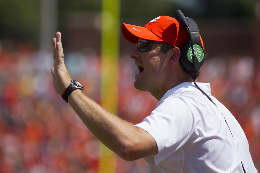 Sep 10 2016 Clemson SC USA Clemson Tigers co-offensive coordinator Jeff Scott reacts during the first quarter against the Troy Trojans at Clemson Memorial Stadium. Tigers won 30-24. Mandatory Credit Joshua S. Kelly-USA TODAY Sports