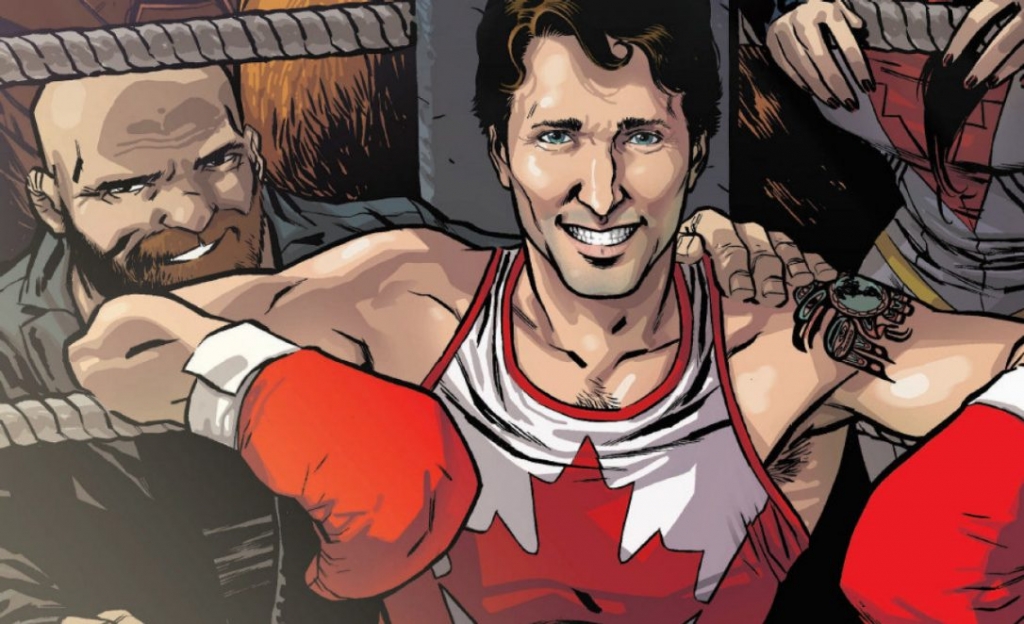 In the special issue of Marvel's:'Civil War II Choosing Sides. Trudeau offers advice to members of Alpha Flight — formally the Canadian peacekeeping force — during a visit to his Ottawa office. He later steps into the ring with Iron Man himse