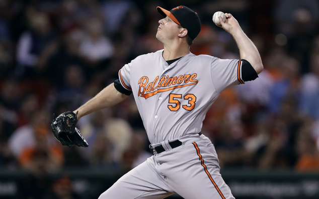 Baltimore Orioles relief pitcher Zach Britton delivers during the ninth inning of a baseball game against the Boston Red Sox at Fenway Park Tuesday Sept. 1