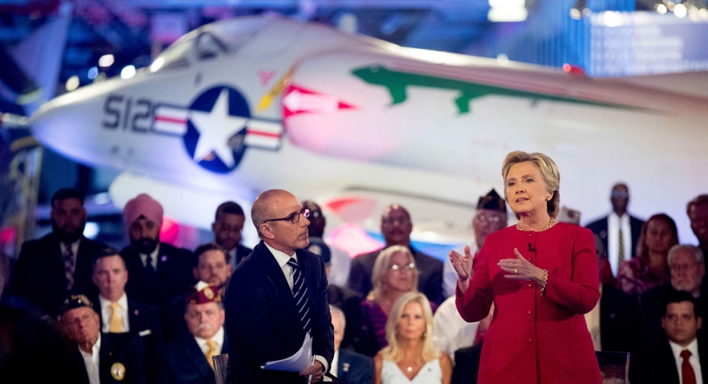 Democratic presidential candidate Hillary Clinton with 'Today&#039 show co-anchor Matt Lauer left speaks at the NBC Commander-In-Chief Forum held at the Intrepid Sea Air and Space museum aboard the decommissioned aircraft carrier Intrepid New Y