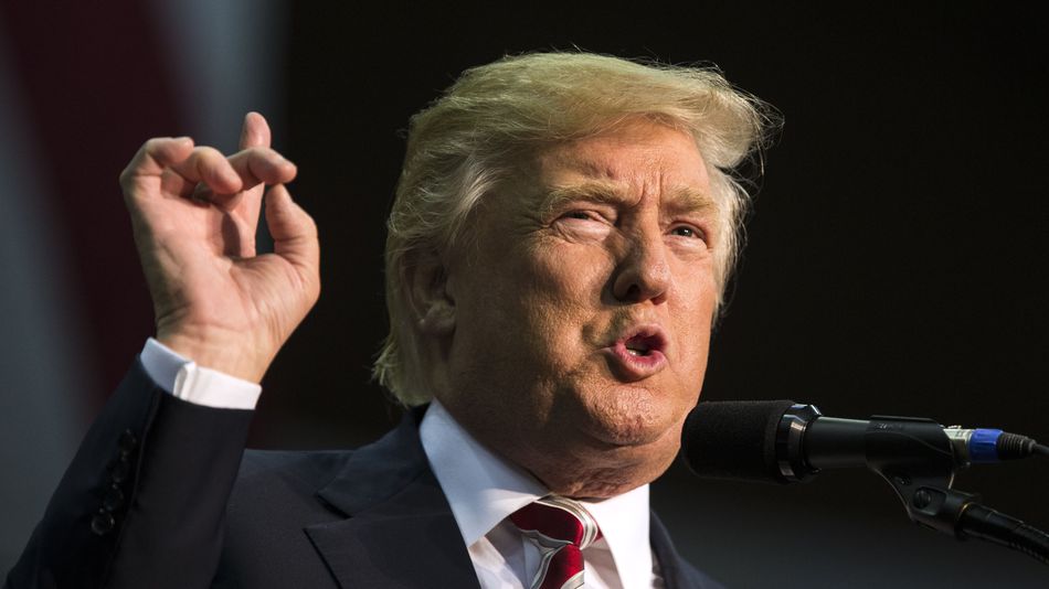 Republican Presidential candidate Donald Trump speaks during his rally at the Pensacola Bay Center