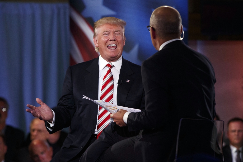 Republican presidential candidate Donald Trump speaks with 'Today&apos show co-anchor Matt Lauer at the NBC Commander-In-Chief Forum held at the Intrepid Sea Air and Space museum aboard the decommissioned aircraft carrier Intrepid New York Wednes