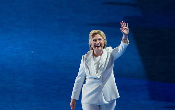 U.S. Democratic Presidential Candidate Hillary Clinton gestures to spectators on the last day of the 2016 U.S. Democratic National Convention at Wells Fargo Center Philadelphia Pennsylvania the United States