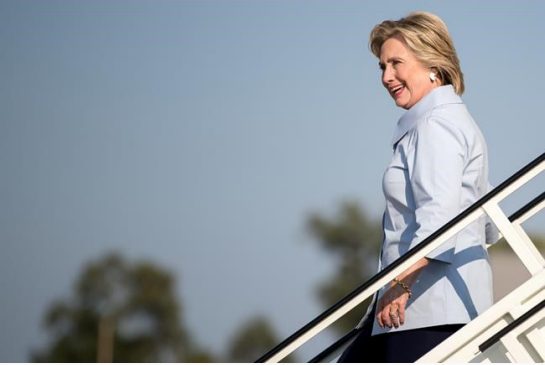 Democratic presidential candidate Hillary Clinton arrives at the Quad Cities International Airport in Moline Ill. Monday Sept. 5 2016 after traveling from Cleveland Hopkins International Airport