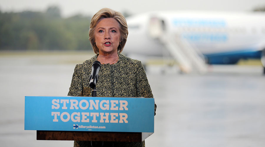 U.S. Democratic presidential candidate Hillary Clinton speaks to the media before boarding her campaign plane at the Westchester County airport in White Plains New York