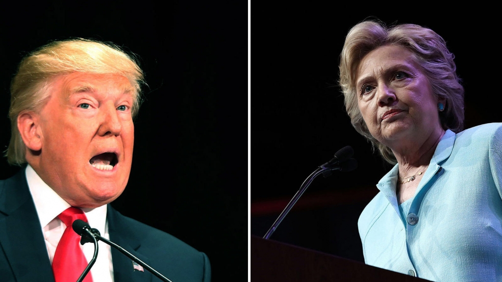 Left Donald Trump speaks at a lunch hosted by the Economic Club of New York on September 15. Right Hillary Clinton addresses the National Association of Black Journalists and the National Association of Hispanic Journalists on August 5