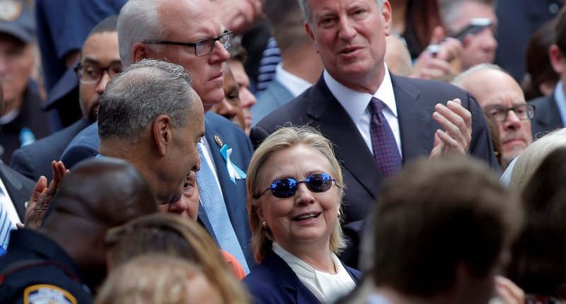 U.S. Democratic presidential candidate Hillary Clinton and New York Mayor Bill de Blasio attend ceremonies to mark the 15th anniversary of the September 11 attacks at the National 9/11 Memorial in New York New York United States