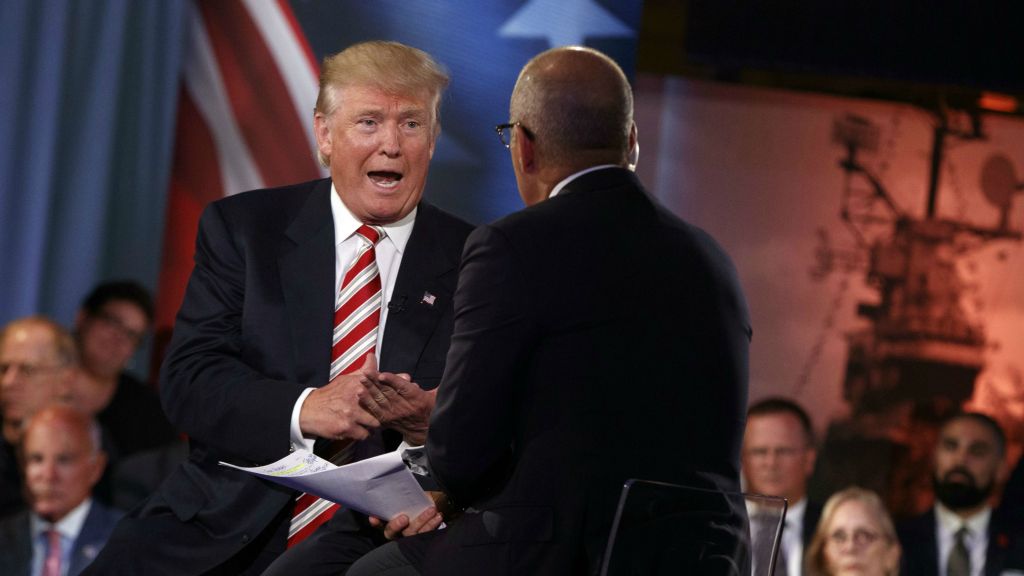 Republican presidential candidate Donald Trump speaks with 'Today&#039 show co-anchor Matt Lauer at the NBC Commander-In-Chief Forum held at the Intrepid Sea Air and Space Museum aboard the decommissioned aircraft carrier Intrepid New York Wednes