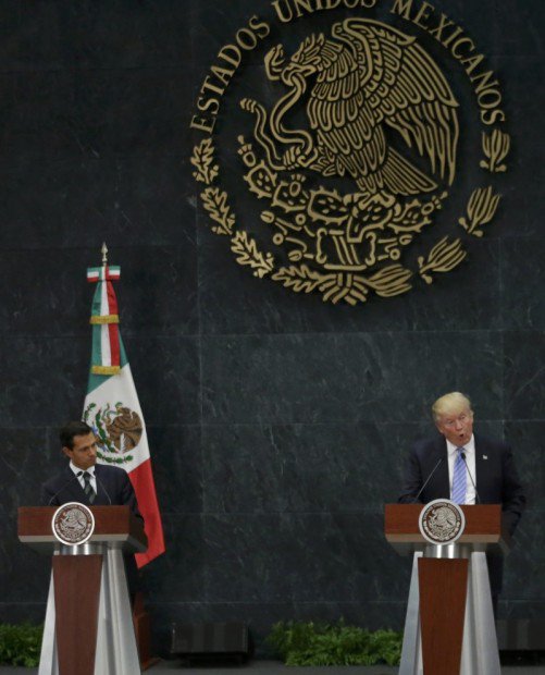 U.S. Republican presidential nominee Donald Trump and Mexico's President Enrique Pena Nieto give a press conference at the Los Pinos residence in Mexico City Mexico