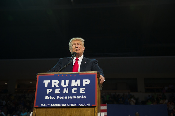 ERIE PA- AUGUST 12 Republican presidential candidate Donald Trump speaks to supporters at a rally at Erie Insurance Arena