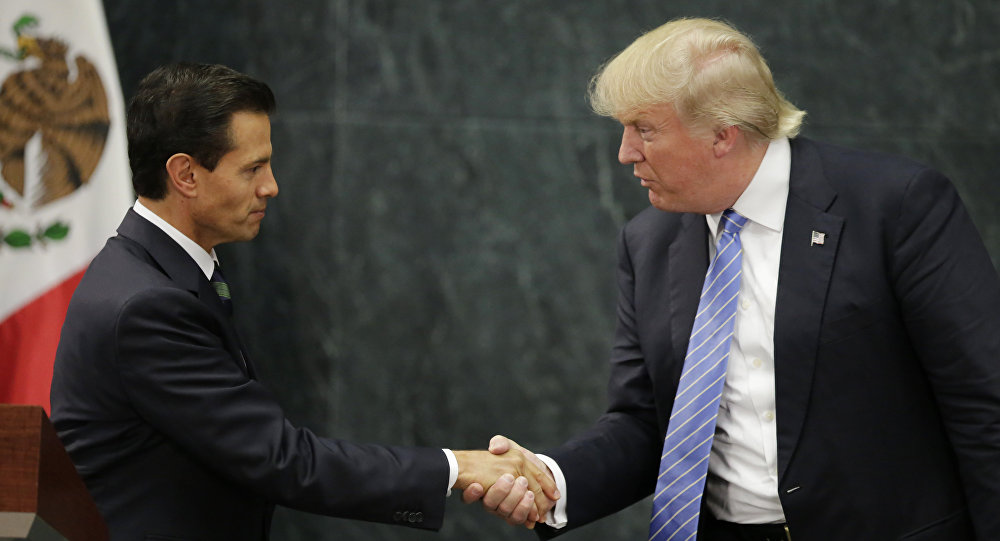 Republican presidential nominee Donald Trump and Mexico's President Enrique Pena Nieto shake hands at a press conference at the Los Pinos residence in Mexico City