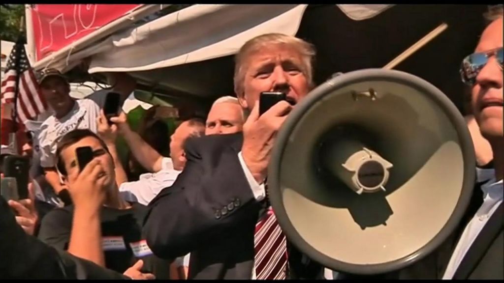 Trump speaking to the crowd at the Canfield Fair at the GOP tent