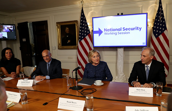 Democratic presidential nominee former Secretary of State Hillary Clinton meets with national security advisors during a National Security Working Session at the New York Historical Society Library