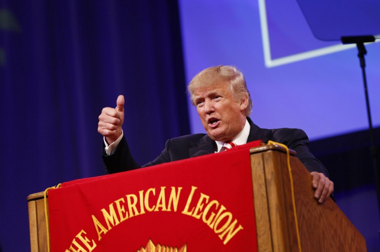 Republican presidential candidate Donald Trump speaks at the American Legion Convention in Cincinnati Ohio