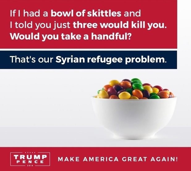 Trump tweeted a meme using an analogy comparing Skittles to Syrian refugees