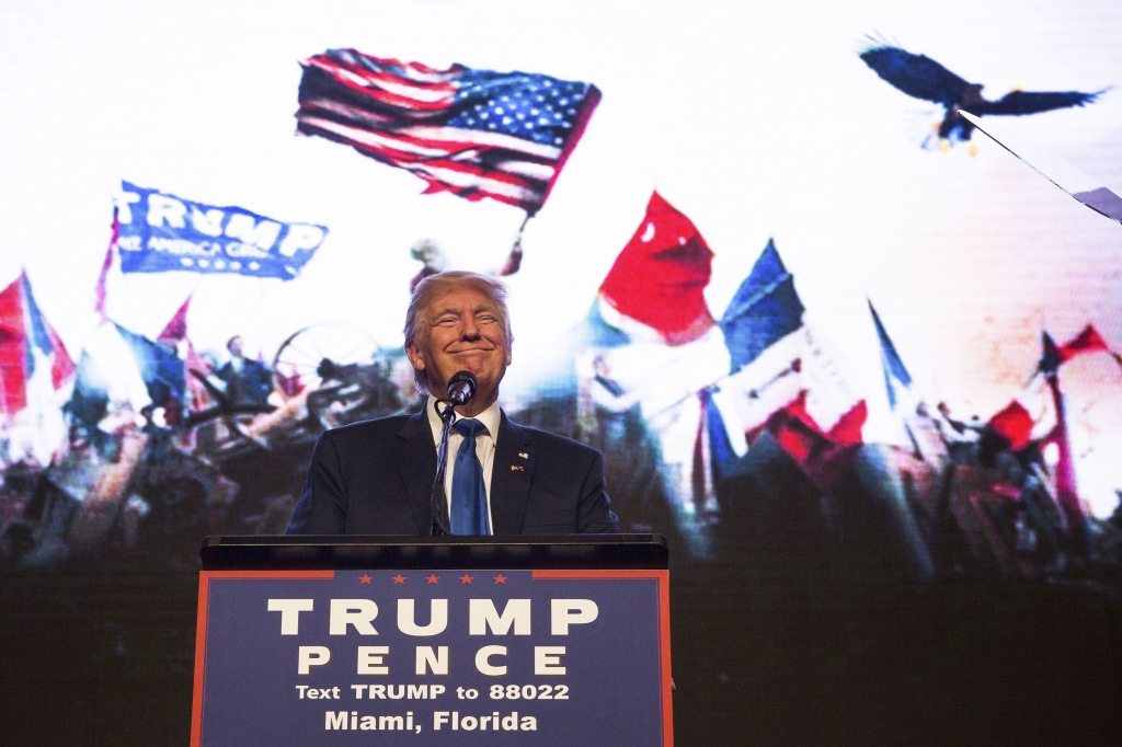 TRUMP BIRTHERISM 15-66 Donald Trump the Republican presidential nominee speaks during a campaign event at the James L. Knight Center in Miami on Friday