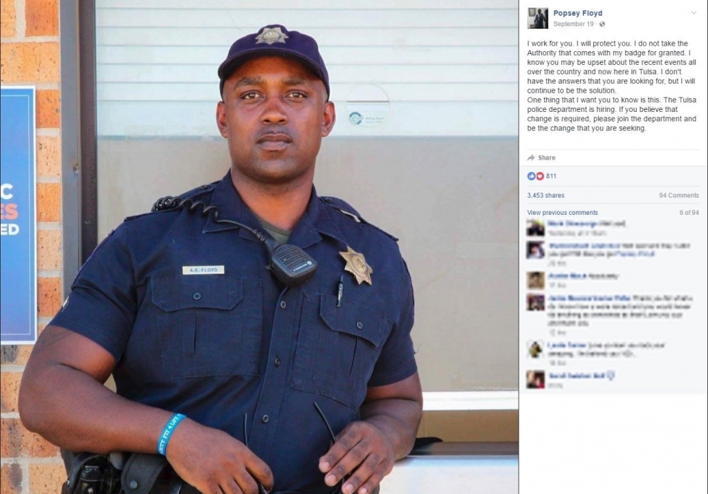 Tulsa police officer Popsey Floyd made an emotional Facebook post after the fatal police shooting in North Carolina and Oklahoma