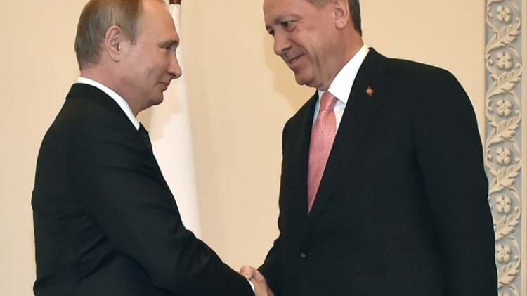 Russian President Vladimir Putin shakes hands with his Turkish counterpart Recep Tayyip Erdogan ahead of talks at Konstantinovsky Palace outside Saint Petersburg