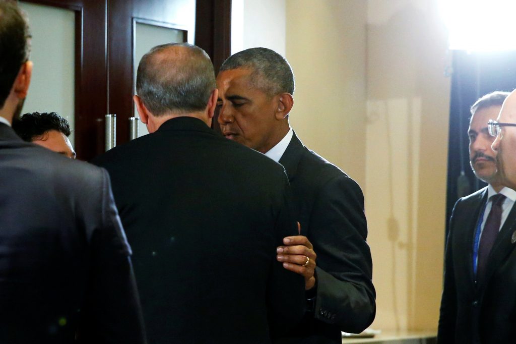 U.S. President Barack Obama tracks down Turkey's President Tayyip Erdogan for a brief private conversation after they gave remarks to reporters following their bilateral meeting alongside the G20 Summit in Hangzhou C