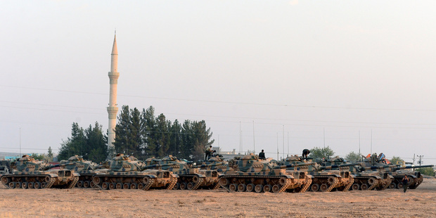 Turkish tanks stationed near the Syrian border in Karkamis Turkey