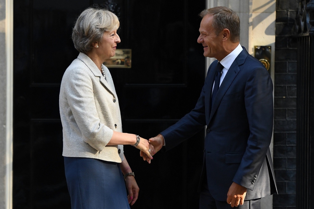 LONDON ENGLAND- SEPTEMBER 08 British Prime Minister Theresa May greets the President of the European Council Donald Tusk in Downing Street