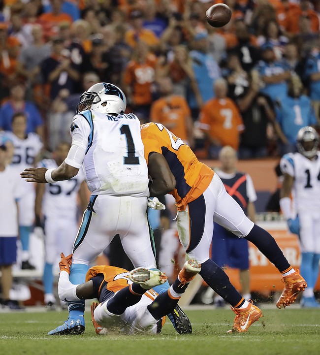 Broncos' Stewart and Marshall fined for hits to Cam Newton's helmet