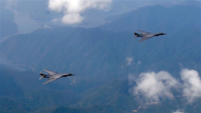 Two US Air Force B-1B Lancers deployed to Andersen Air Base Guam fly over Republic of Korean skies