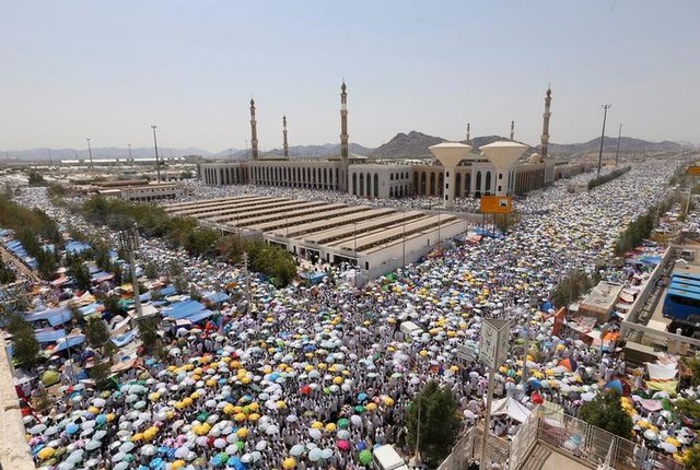 Muslim pilgrims leave after they finished their prayers at Namira Mosque in Arafat during the annual haj pilgrimage outside the holy city of Mecca Saudi Arabia