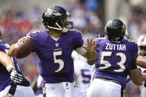 Baltimore Ravens quarterback Joe Flacco passes the ball during the first half of an NFL football game against the Buffalo Bills in Baltimore Sunday Sept. 11 2016