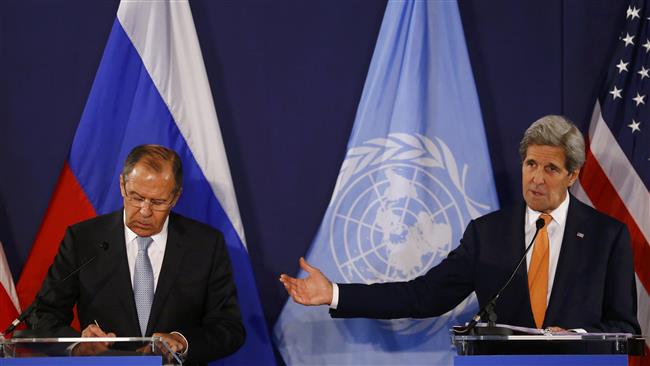 US Secretary of State John Kerry speaks next to Russian Foreign Minister Sergei Lavrov during a press conference in Vienna Austria