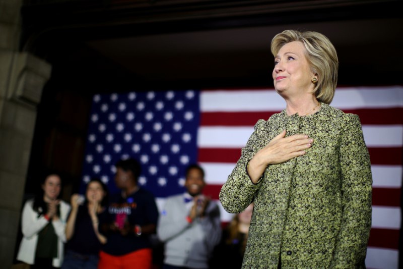 U.S. Democratic presidential candidate Hillary Clinton reacts after speaking at a campaign event at Temple University in Philadelphia Penns