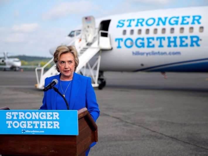 U.S. Democratic presidential candidate Hillary Clinton holds a news conference on the airport tarmac in front of her campaign plane in White Plains New York United States