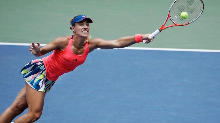 Angelique Kerber of Germany reaches to returns a shot to Karolina Pliskova of the Czech Republic during the women's singles final of the U.S. Open tennis tournament Saturday Sept. 10 2016 in New York