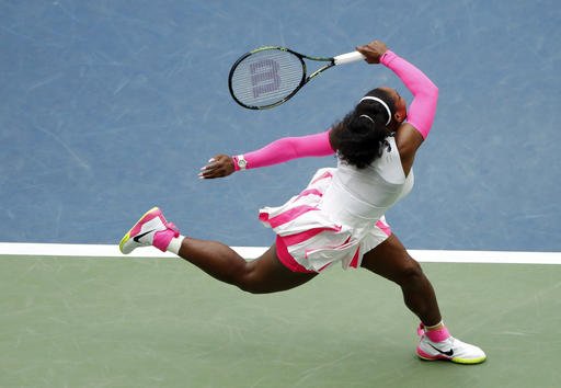 Serena Williams returns a shot to Yaroslava Shvedova of Kazakhstan during the fourth round of the U.S. Open tennis tournament Monday Sept. 5 2016 in New York