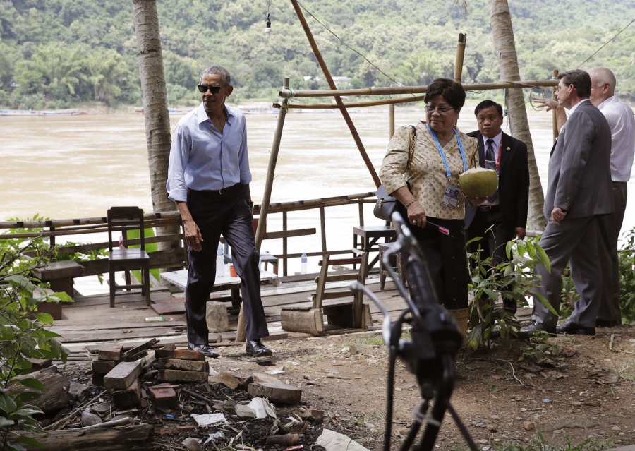 U.S. President Barack Obama walks near the Mekong River in the Luang Prabang Laos on Wednesday