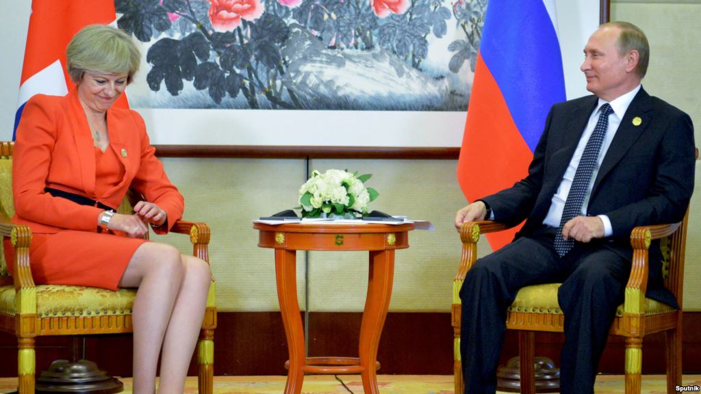 Russian President Vladimir Putin meets with Britain's Prime Minister Theresa May on the sidelines of the G20 summit in Hangzhou China on September 4