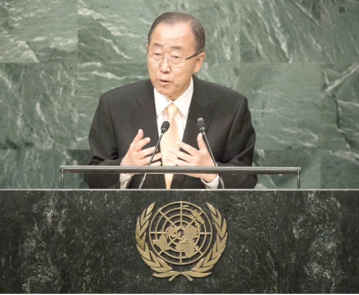 UN Secretary General Ban Ki-moon addresses the United Nations General Assembly at UN headquarters in New York City on Tuesday. — AFP