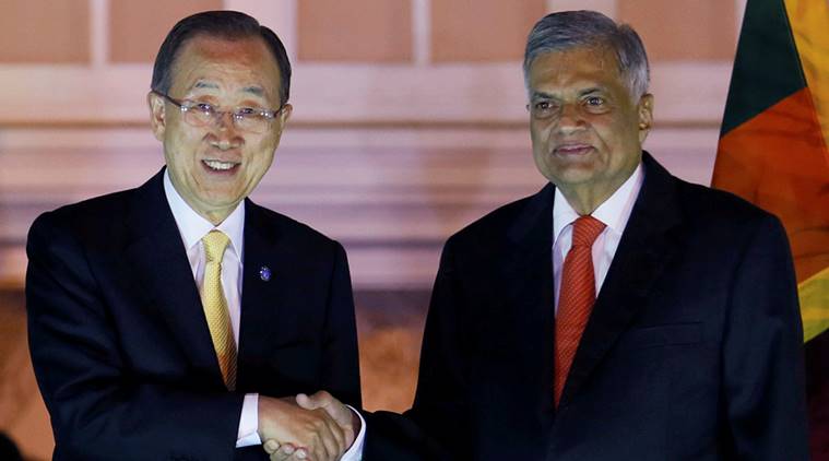 Secretary-General of the United Nations Ban Ki-moon shakes hands with Sri Lanka's Prime Minister Ranil Wickremesinghe at their meeting during Ban's three-day official visit in Colombo Sri Lanka