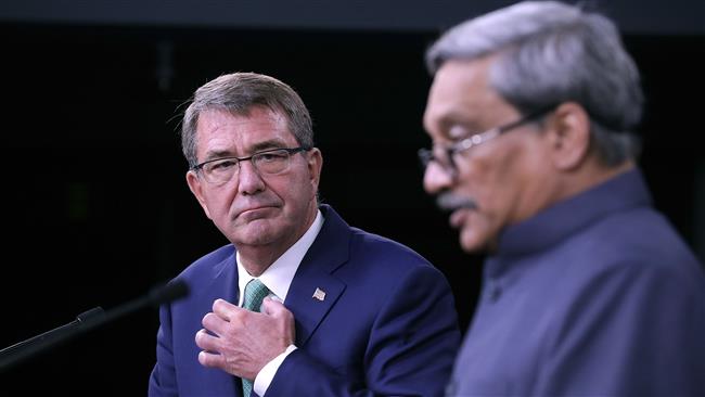 US Secretary of Defense Ashton Carter and Indian Minister of Defense Manohar Parrikar attend a press conference at the Pentagon