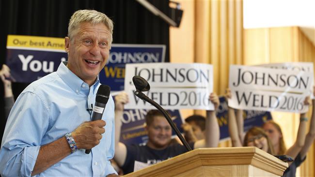 US Libertarian presidential candidate Gary Johnson talks to a crowd of supporters at a rally in Salt Lake City Utah