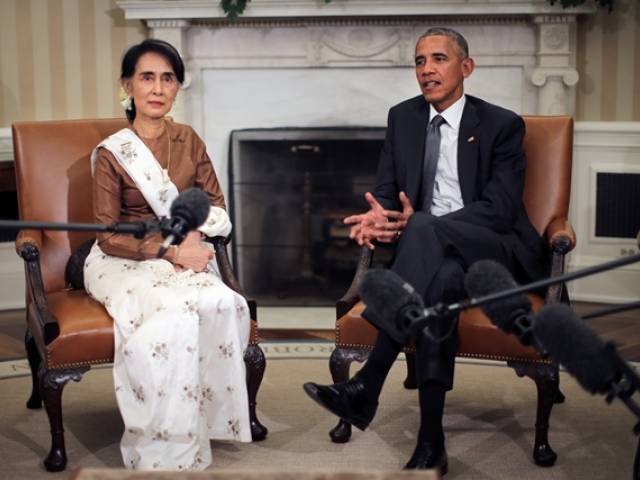 U.S. President Barack Obama talks to the media as he meets with Myanmar's State Counsellor Aung San Suu Kyi at the Oval Office of the White House in Washington D.C