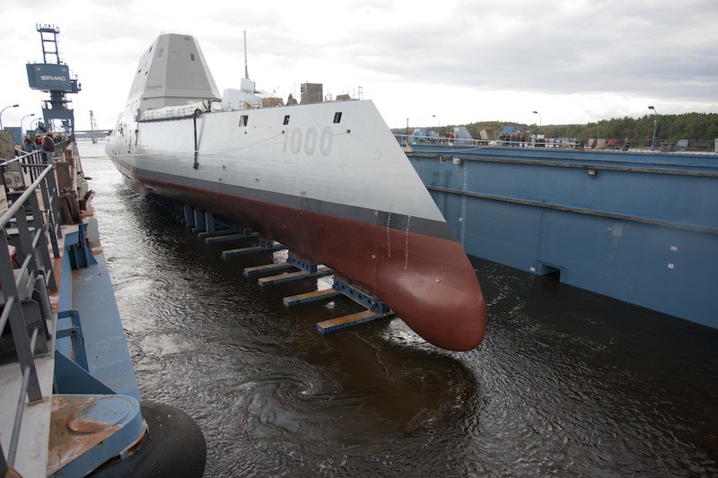 160907-N-N0101-002 BATH Maine Video frame grab showing the future USS Zumwalt departing Bath Iron Works marking the beginning of a 3-month journey to its new homeport in San Diego. Crewed by 147 Sailors Zumwalt is the lead shi