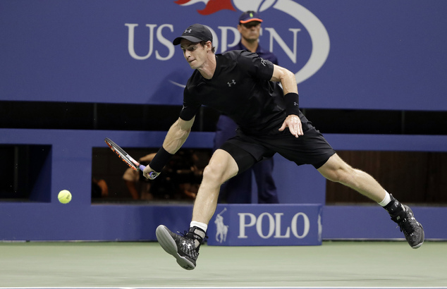 Andy Murray of Britain runs down a shot from Grigor Dimitrov of Bulgaria during the U.S. Open tennis tournament Monday Sept. 5 2016 in New York. (AP