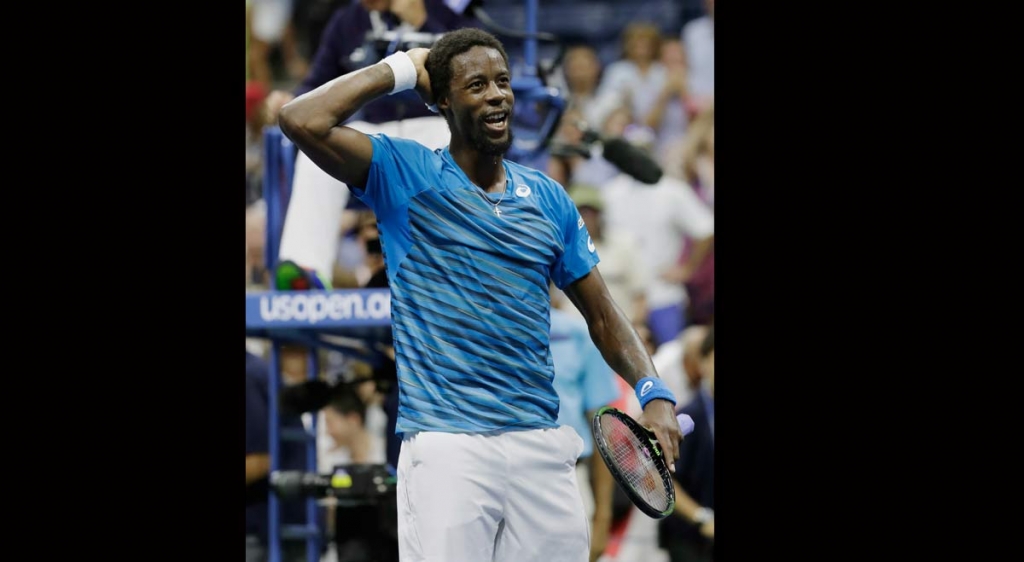 Gael Monfils of France reacts after beating Lucas Pouille of France during the quarterfinals of the U.S. Open tennis tournament Tuesday Sept. 6 2016 in New York