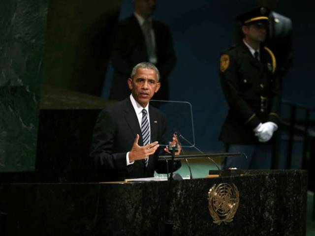 US President Barack Obama addresses the United Nations General Assembly in the Manhattan borough of New York US