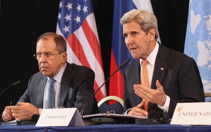 Russian Foreign Minister Sergei Lavrov and US Secretary of State John Kerry following a meeting of the International Syrian Support Group